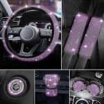 7PCS Purple Bling Car Accessories for Women, Purple Rhinestone Steering Wheel Cover for Women Universal, Purple Rhinestone Gear Shift Cover, Bling Car Coasters and Bling Seat Belt Covers