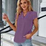 Blooming Jelly Women’s Dressy Casual Tops Business Work Blouses Button Down V Neck Shirts 2024 Summer Cute Cap Sleeve Tshirt (Purple,X-Large)