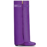 CDHYX Fold Over Boots for Women Pointy Pull-on Wedge Heel Knee Shark Boot With Side Zipper Padlock Design (Purple 11)